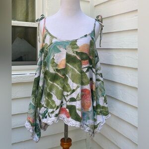 LC Lauren Conrad Green and Pink Floral Camisole Tank Top Sleeveless Flowy Shirt